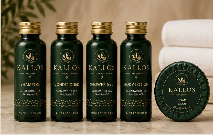 Kit d'accueil KALLOS complet : shampoing, après-shampoing, gel douche, lotion corps, savon en flacons vert forêt et détails dorés dans une salle de bain d'hôtel